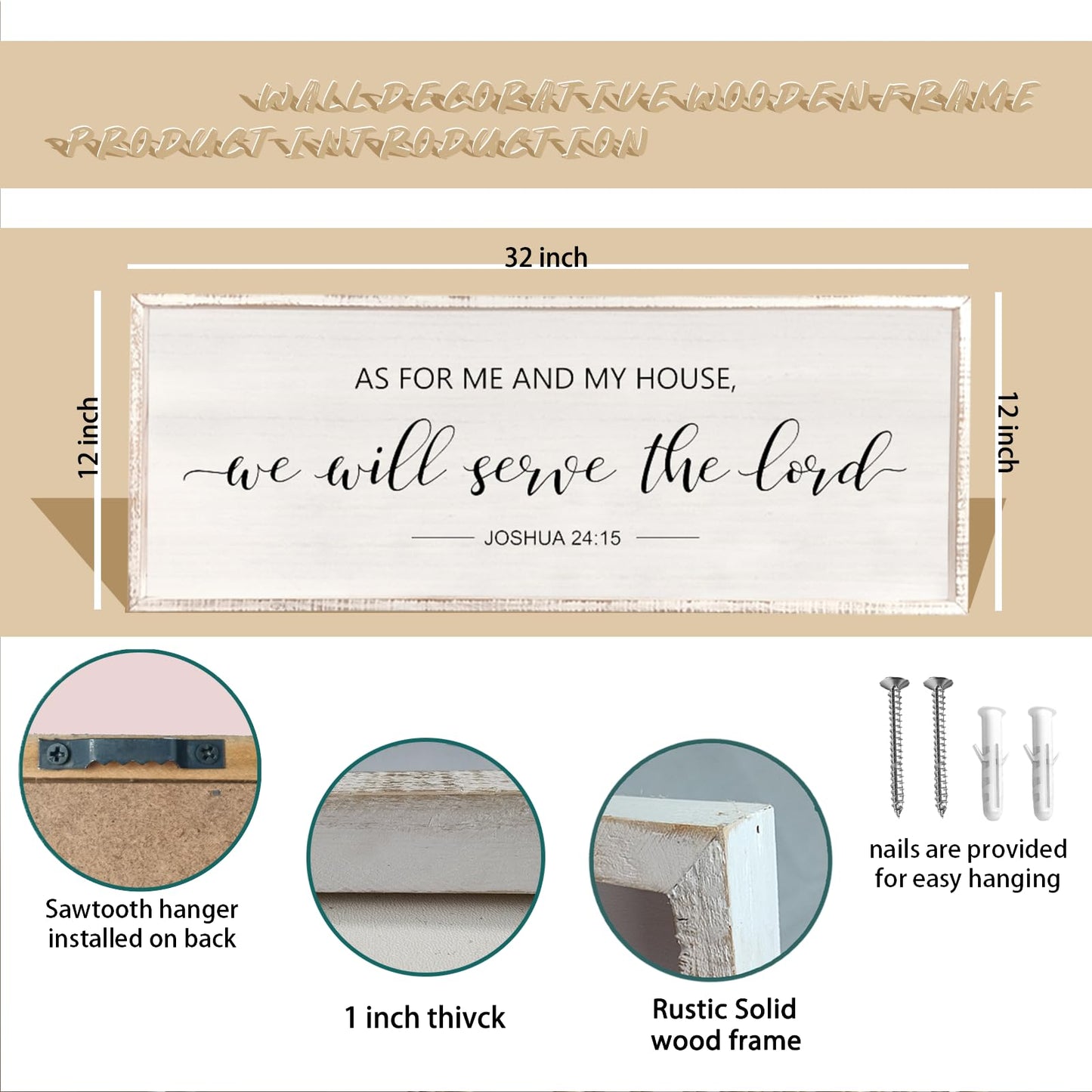 comurdyo As For Me And My House We Will Serve The Lord Wall Decor 32" x 12" Bedroom Above Bed Sign Large Rustic Farmhouse Wood Framed Bible Verse for Religious Scripture Christian Wall Art (White)
