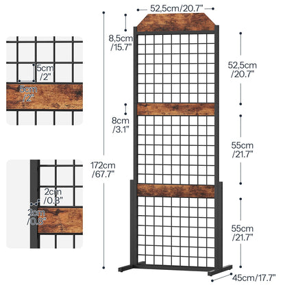 HOOBRO Gridwall Panel units 5.6' x 1.7' Ft Grid Display Rack, Gridwall Panel Display Stands with 5 Garment Hooks & 5 S-Hooks, Wire Grid Display Rack, for Retail Show, Rustic Brown and Black BF45DC01