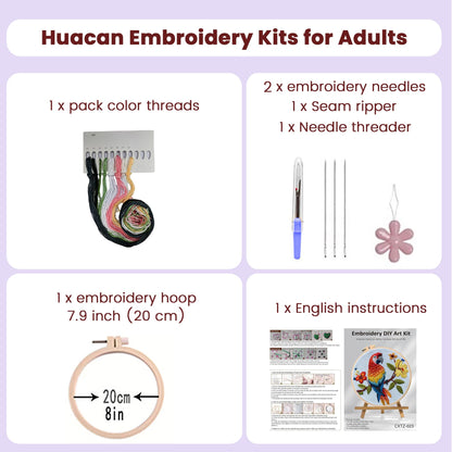 Huacan Embroidery Kits for Adults Beginner DIY Cross Stitch Stamped Animal Pattern Stitching Sewing Kit 1 Piece 7.9 x 7.9 Inch (Parrot)