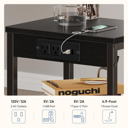 DUMOS 15.7" Small Side Table with Charging Station, End Table with Outlets & USB Ports, 3-Tier Adjustable Storage Nightstand for Living Room, Bedroom, Small Spaces, Record Player Stand, Black