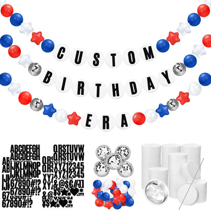 Simgoing Giant Friendship Bracelet Garland Kit DIY Banner with Letter Ball Jumbo in My Birthday Era Decorations for Classroom Graduation Party Supplies Photo Booth Backdrop(White, Red, Blue)