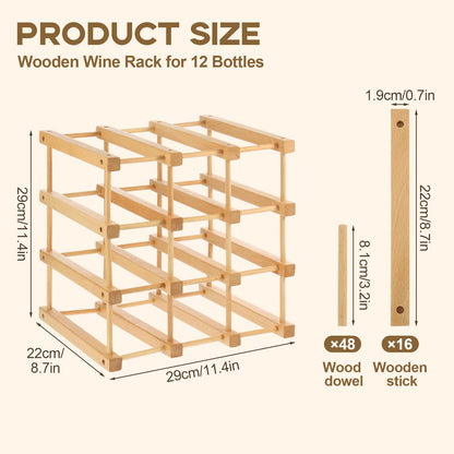 Wenceda Wooden Wine Rack, Stackable Wooden Wine Rack, Beech Wood Material Stackable Modular Wine Storage Racks, DIY Assembly Wine Bottle Holder for Inside Cabinet and Countertop (12-Bottle)