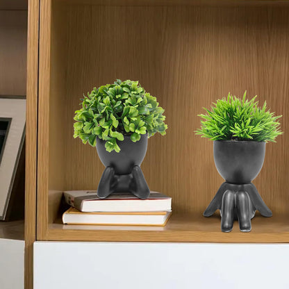 MAKHOT 4PCS Cute Artificial Mini Succulent Plants with Creative Human Shaped Pots, Small Fake Plants for Shelf Desk Tabletop Office Home Decoration(Black)