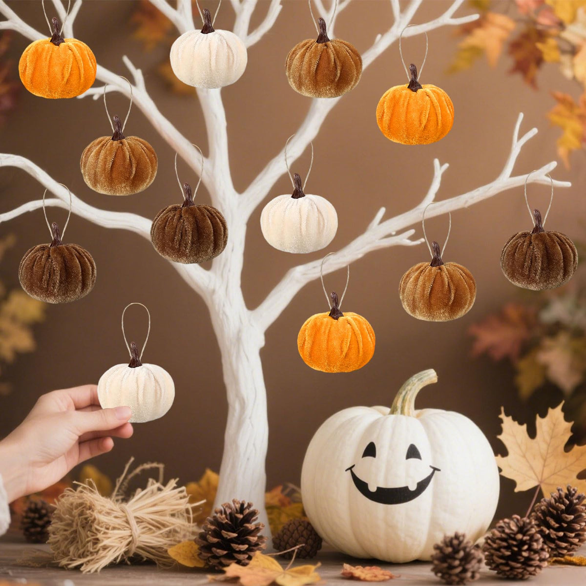 12 Pcs Velvet Pumpkins Fall Thanksgiving Pumpkins Hanging Ornaments Fall Tree Decorations Orange White Brown Velvet Wrapped Pumpkin Ball Decor with Hemp Rope for Thanksgiving Party Tree Farmhouse (A)