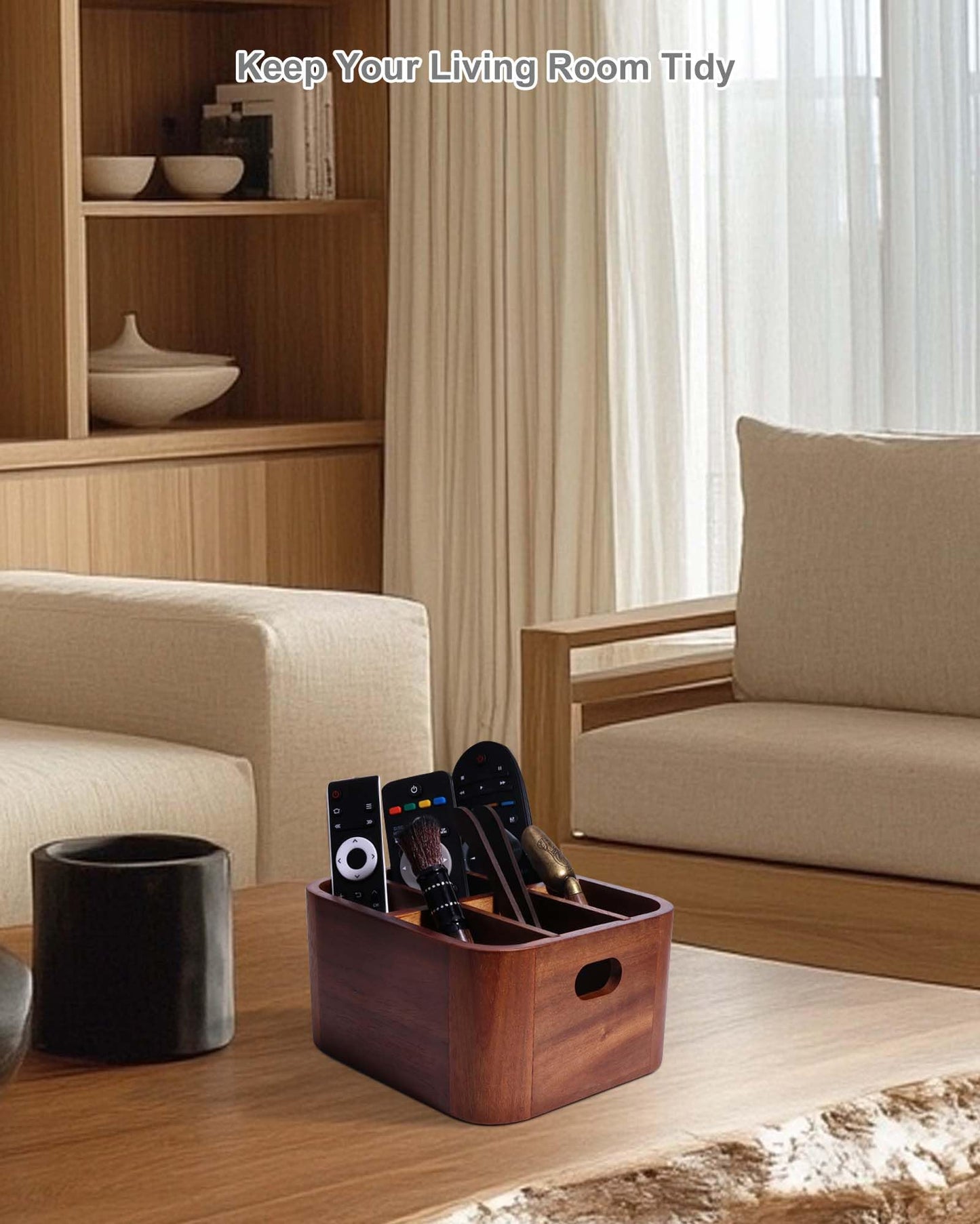 LYNG Acacia Wood Remote Control Holder Caddy, Solid Wood Organizer with 4 Adjustable Dividers & Handle, Remote Organizer for Coffee Table & Living Room
