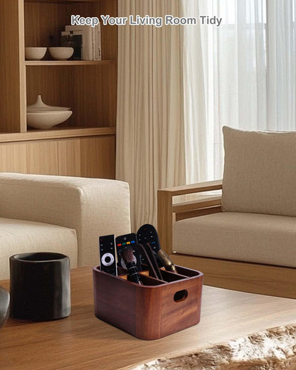 LYNG Acacia Wood Remote Control Holder Caddy, Solid Wood Organizer with 4 Adjustable Dividers & Handle, Remote Organizer for Coffee Table & Living Room
