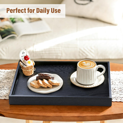 Wooden Serving Tray with Handles, 16.9 Inch Coffee Table Tray for Daily Use, Farmhouse Wood Tray for Breakfast, Lunch, Dinner, Home Kitchen Dining Tabletop Decor, Ottoman Decorative Tray, Black