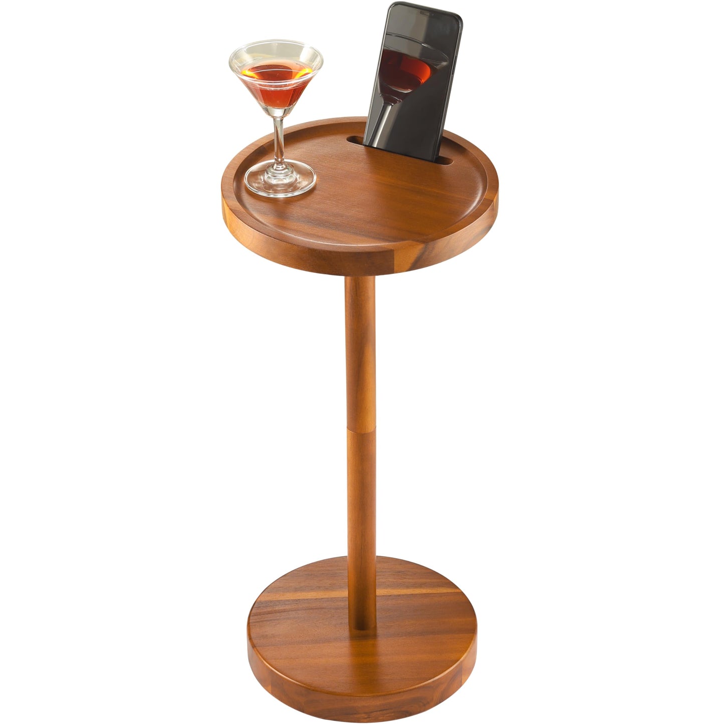 BLUEWEST Drink Table, 22" Tall Compact Side Table with Phone Slot and Weighted Base, Durable Pedestal Table Accent for Living Room, Bedroom, or Office, Cocktail and Martin (1, Acacia)