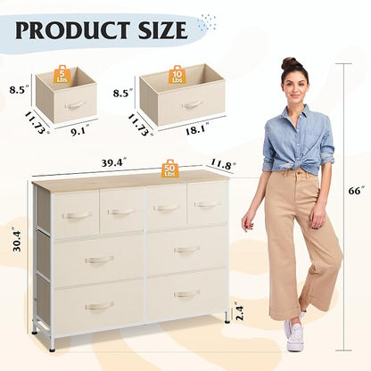 WLIVE Dresser for Bedroom with 8 Drawers, Wide Fabric Dresser for Storage and Organization, Bedroom Dressers, Chest of Drawers for Living Room, Closet, Hallway, Cream White