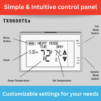 Lux Products TX9600TS Programmable Large Touchscreen Heating Cooling Thermostat, White