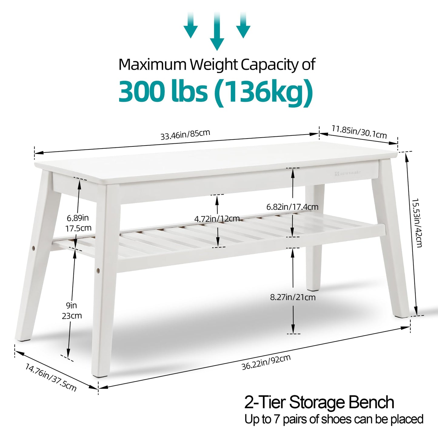 Nnewvante 33.46" White Storage Bench, Bamboo Entryway Bench for Hallway, Living Room, Bedroom, Wood Shoe Rack Wooden Outdoor Bench, Holds up to 300 lbs