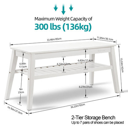 Nnewvante 33.46" White Storage Bench, Bamboo Entryway Bench for Hallway, Living Room, Bedroom, Wood Shoe Rack Wooden Outdoor Bench, Holds up to 300 lbs