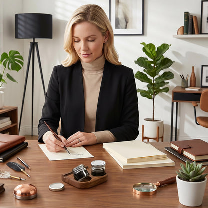 ZOOFOX Wooden Tilting Calligraphy Pen Holder, Brown Wood Ink Well for Dip Pen with Pen Rest and Two Empty Glass Ink Bottle Container, Calligraphy Oblique Nib Holder for Effortless Writing