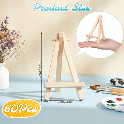 60 Pack 5 Inch Mini Wood Display Easel Artist Small Wooden Easel Stand Natural Wooden Mini Easels A-Shaped Small Wood Easels for Card Artist Photos Tabletop Phone Wedding