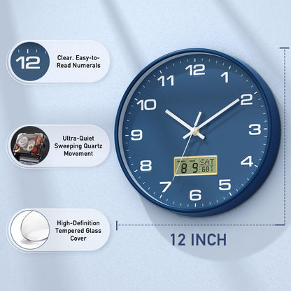 12 Inch Wall Clock, Silent Non-Ticking Analog with LCD Display, Battery Operated, Perpetual Calendar, Date, Weekday & Temperature (°C/°F), Tempered Glass for Living Room, Bedroom, Kitchen, Office