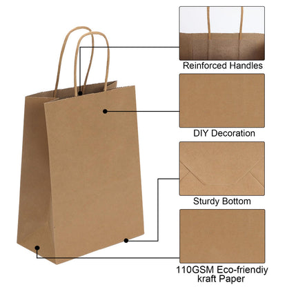 Joybe 300 Pack 5.95x3.25x8 Inch Small Brown Paper Bags with Handles Bulk, Kraft Paper Gift Bags for Birthday Party Favors Grocery Retail Shopping Business Goody Craft Sacks (Plain Natural, 300pcs)
