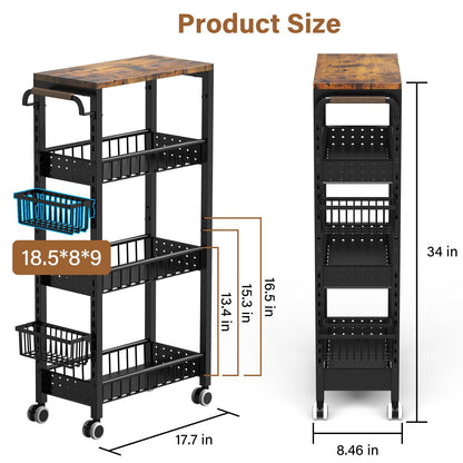 7.8 Inch Ultra-Slim 4-Tier Rolling Storage Cart with Adjustable Shelves - Lockable Wheels & Wooden Top for Narrow Spaces Between Washer/Dryer, Bathroom, Kitchen Organization (Black)