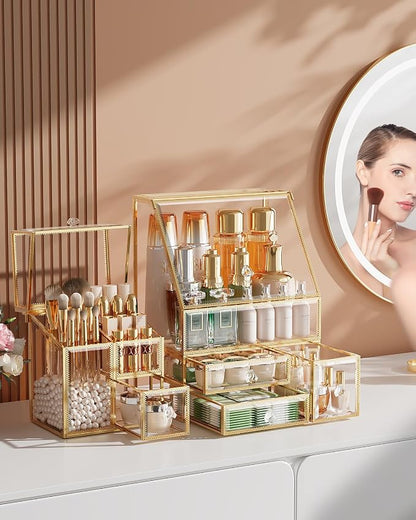 CoralHouse Makeup Organizer with Lid, 3-Piece Clear Glass Vanity Organizer with Gold Frame, Cosmetic Display Case for Perfume, Skincare, Lipsticks, Brushes and Bathroom Countertop