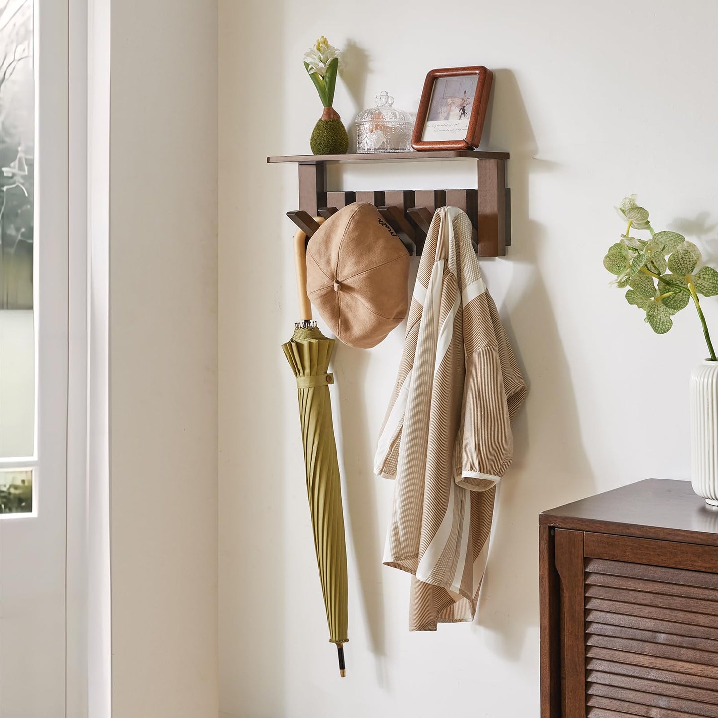 YMYNY Coat Rack Wall Mount with Shelf, 2 Pack Wall Shelf with Retractable Hooks, Wooden Wall Coat Rack for Entryway, Bedroom for Hanging Clothes/Coats/Keys/Hats/Towels/Bags, Walnut, HWS008H-2