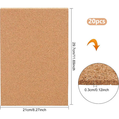 BENECREAT 20 PCS A4 Cork Sheets, 11.7x8.2 Inch Rectangle Cork Board Tiles for Coasters, Wall Art, Bulletin Boards(3mm Thick)