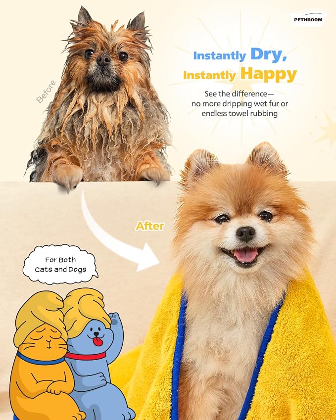 PETHROOM Ultra Absorbent Pet Towel | Quick-Drying, Soft Microfiber Dog & Cat Bath Towel | Lightweight, Durable, Fast Water-Soaking | Ideal for All Breeds (Medium) 15.7" x 31.5"