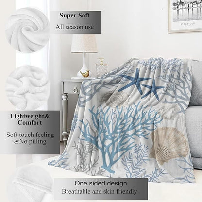 Nautical Coastal Blanket,Ocean Beach Seashell Starfish Throw Blankets,Gifts for Kids & Marine Life Lovers,Lightweight Soft Fleece,for Picnic Sofa Couch Bed Room Travel,Birthday Decor,40x50in
