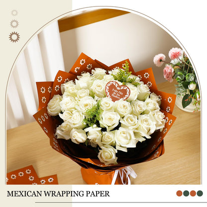 Fullhawl 20 Sheet Mexican Flower Wrapping Paper and 10 Pcs Feliz Dia De La Madre Cake Toppers Waterproof De Barro Brown White Floral Bouquet Wrap for DIY Gift Packaging Florist Supplies