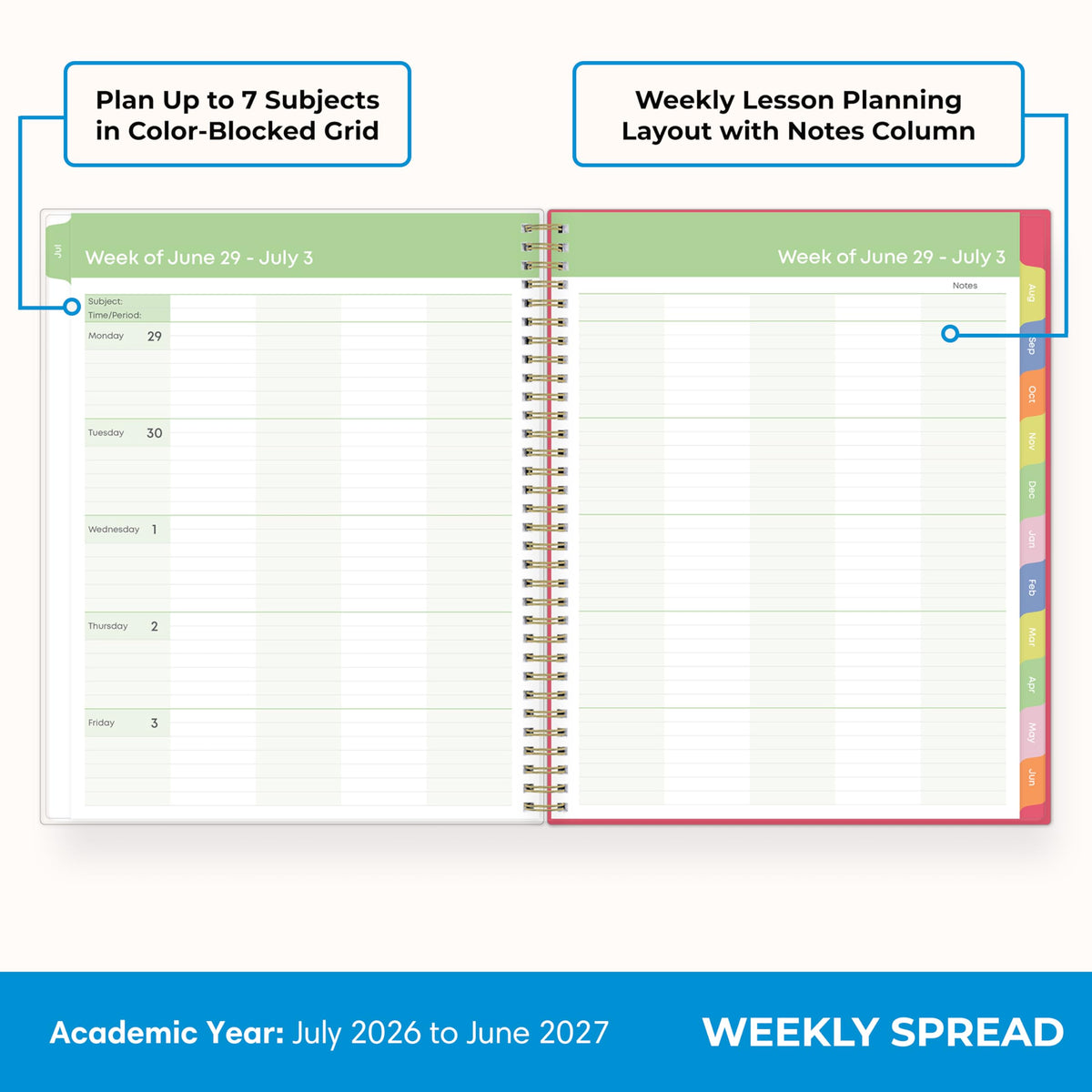 Blue Sky 2026-2027 Weekly and Monthly Academic Year Teacher Lesson Planner Calendar, July 2026 - June 2027, 8.5" x 11", Flexible Cover, Wirebound, Laminated Tabs, Storage Pocket, Apple Sketch