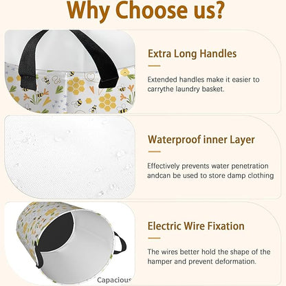 Bee Honey Flower Laundry Basket, Waterproof Foldable Laundry Hamper, Dirty