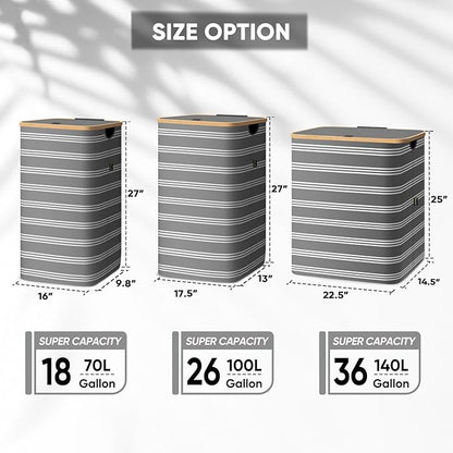 BALEINE Laundry Hamper with Lid, Tall Laundry Baskets with Bamboo Pull Handles