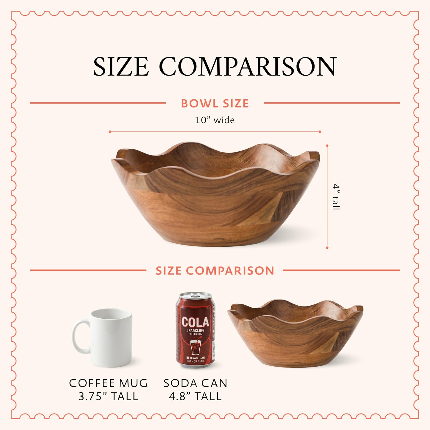 Mela Artisans 10 in Wide x 4 in Tall Scalloped Mango Wood Bowl – Hand-Carved Decorative Serving and Fruit Bowl with Visible Wood Grain for Kitchen Counter, Snacks, Bread and Home Decor