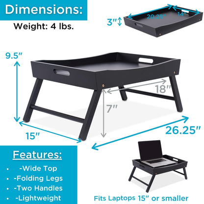 BIRDROCK HOME Wood Bed Tray for Eating | TV Tray with Folding Legs | Wide Breakfast Serving Lap Desk with Sides & Handles | Laptop Table | Foldable Study Writing Table | Adjustable Food Tray | Black
