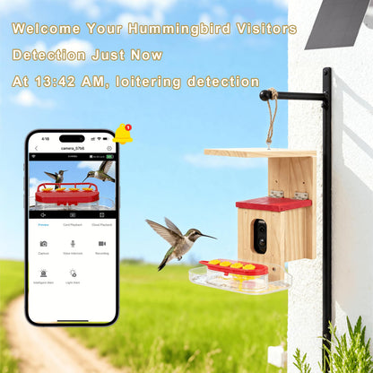 Hummingbird Feeder with Camera Solar Powered, Outdoor Hanging Wooden Smart Hummingbird Feeder, Real-Time View & Motion Detection, for Garden for 2.4g WiFi Coverage Area, for Bird Lovers