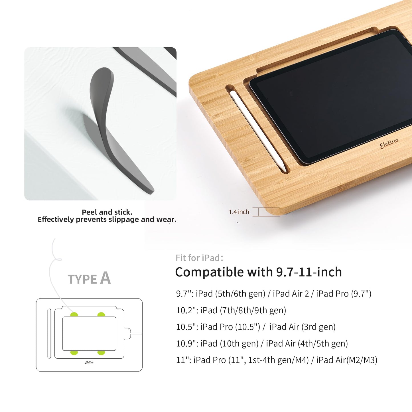 ELETIUO Adjustable Tablet Stand with Pencil&Charger Cable Slot,Bamboo Wooden Stand with Multiple Angles,Organizer Desktop Holder for Drawing,Compatible with ipads(Support to 9.7-11" Devices)