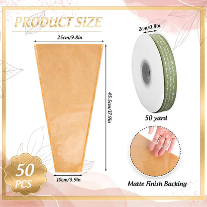 Whaline 50 Pcs Flower Wrapping Bags with Sage Green Ribbon Mother's Day Clear Floral Bouquet Cellophane Sleeves Brown Florist Packaging Supplies for Wedding Graduation Anniversary, 17.9x9.8x3.9 Inch