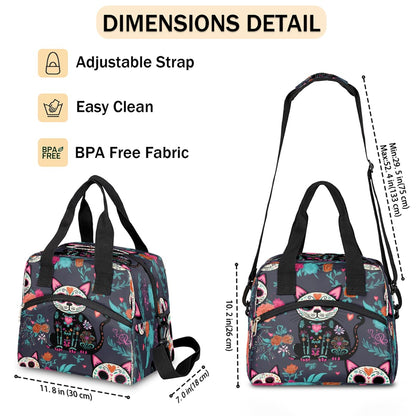 UOYO Lunch Bag Sugar Skull Flower Cat Lunchbox Organizer Insulated Waterproof Men Women Tote Cooler Handbag Adjustable Shoulder Strap for kids Girls Boys School Office Picnic