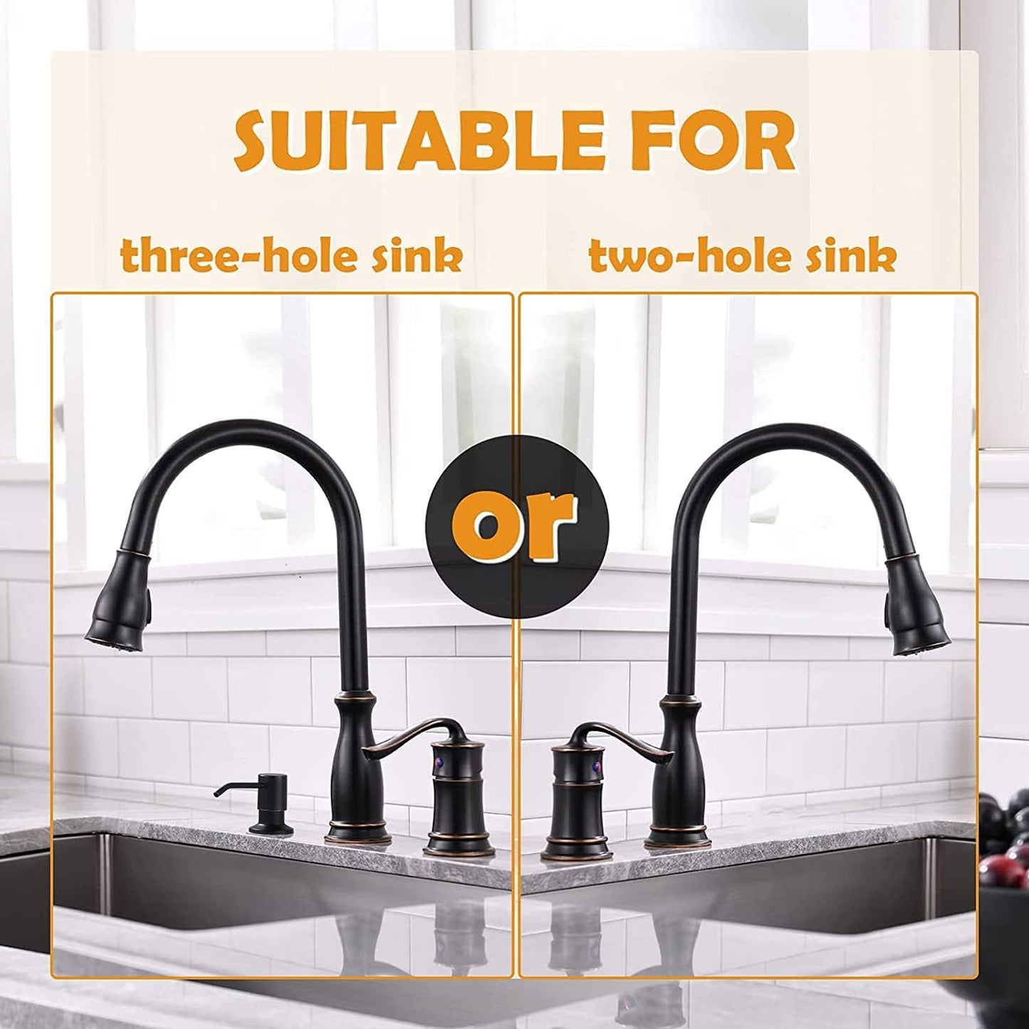 APPASO 3 Hole Kitchen Faucet with Pull Down Sprayer, Kitchen Faucets with Soap Dispenser, 3 Pieces Kitchen Sink Faucet with Separate Handle, Matte Black Kitchen Faucet 3 Hole, 218MB