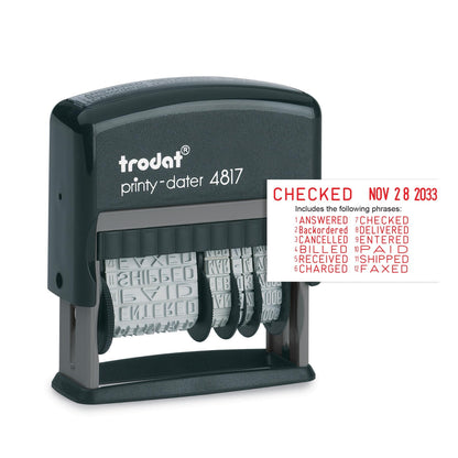 Trodat Printy 4817 Economy Dial-A-Phrase, 12 Popular Office Messages, Month in Letters, Day and Year in Numbers, Rubber Date Stamp – Self Inking (Red)