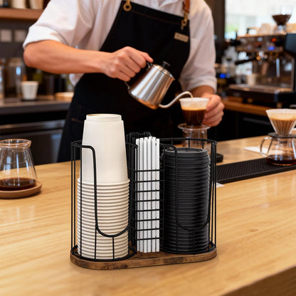 BCOZLUX Coffee Cup Holder 18oz 3-Compartment Paper Cup Dispenser Rack with Wood Base - Disposable Cup, Straw & Lid Organizer 3-in-1 Storage for Countertop, Coffee Bar, Kitchen, Office