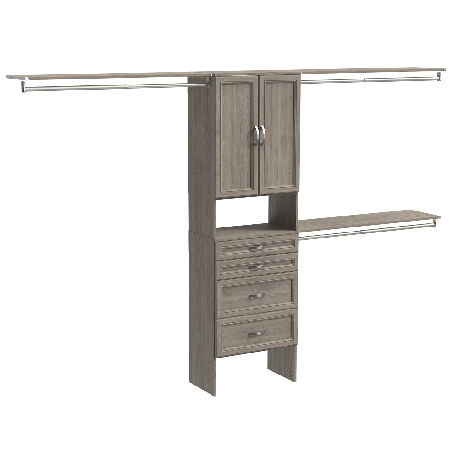 ClosetMaid SuiteSymphony Wood Closet Organizer Kit with Tower, 3 Hang Rods, Top Shelves, 4 Drawers, Doors, Adjustable, Fits Spaces 6 - 10 ft. Wide, Graphite Grey