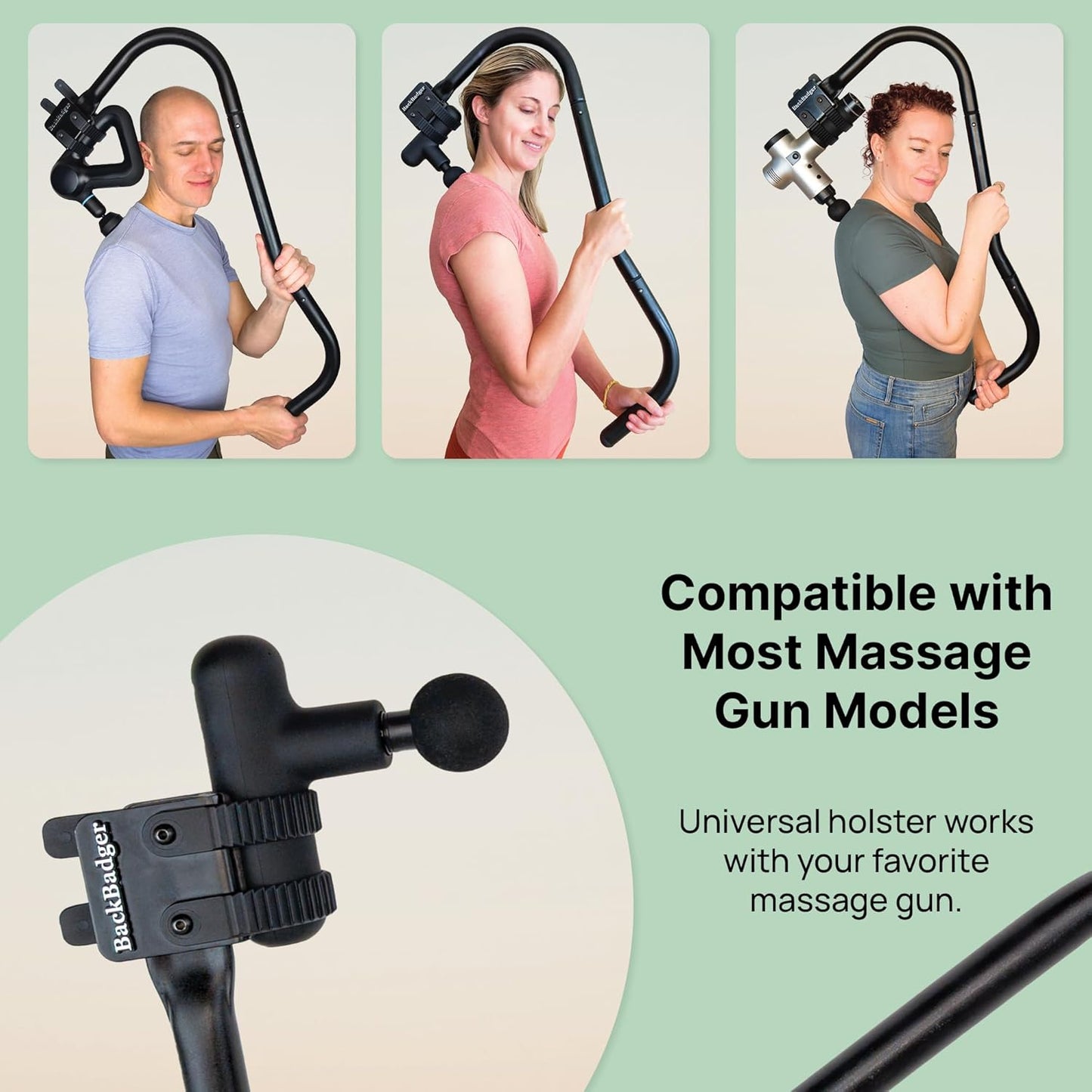 BackBadger Percussive Massage Gun Holder for Back, Compatible with Most Massage Guns, for Hard to Reach Areas - Black