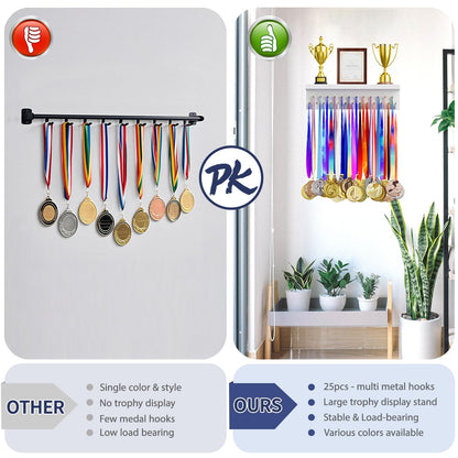 DSVENROLY Medal Holder Display Trophy Shelf Organizer, Sturdy Wooden Race Award Hanger Rack with 25 Steel Hooks, Wall Mount Storage Stand for Sports Fans, Cheer Success, White with Golden Pegs