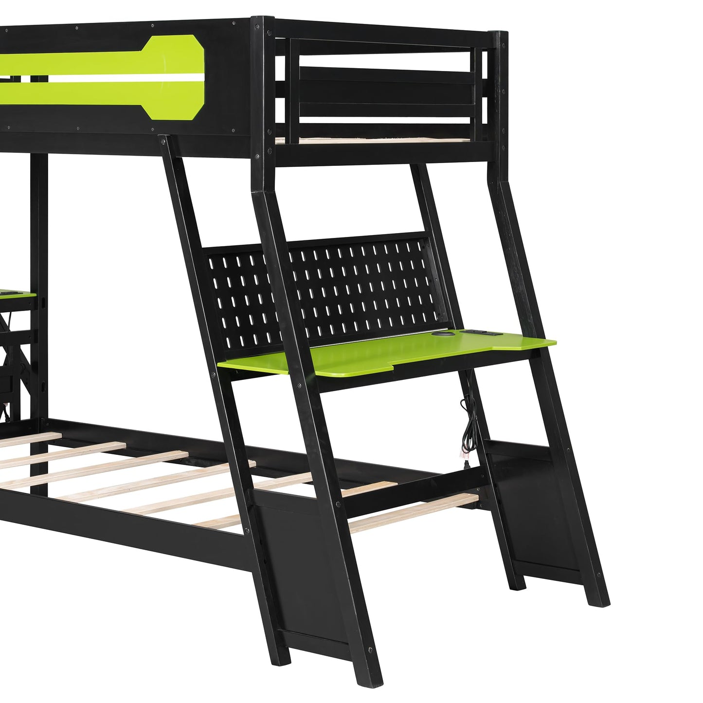 DNYN Gaming Bunk Bed with Dual Built-in Desks and USB Ports for Teens/Adults Bedroom, Twin Size Wooden Bed Frame with Pegboard Organizer/Ladder/Guardrails, No Box Spring Needed & Space-Saving