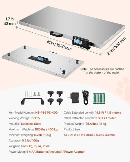 VEVOR 880Lbs x 0.2Lbs Livestock Scale Shipping Scales Large Platform 40.6x20.9Inch Stainless Steel Vet Scale Industrial Floor Scale Large Animal Dog Pig Scale Goat Weight Scale Pet Digital Scale