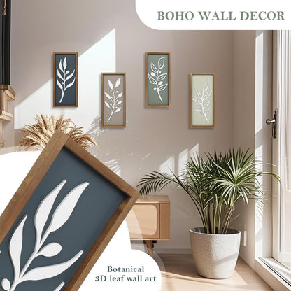 3D Tree Leaf Wooden Framed Boho Wall Art (Set of 4) Lightweight, Minimalist Botanical Farmhouse Bathroom Wall Decor For Living Room Bedroom Kitchen Office Hallway Decorations