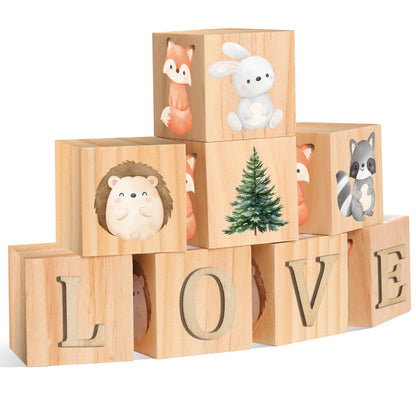 Wonderjune Custom Woodland Animals Wooden Name Sign, 8 Animals Block with 78 Letter Name Cubes for Alphabet Wood Signs Playroom Decoration