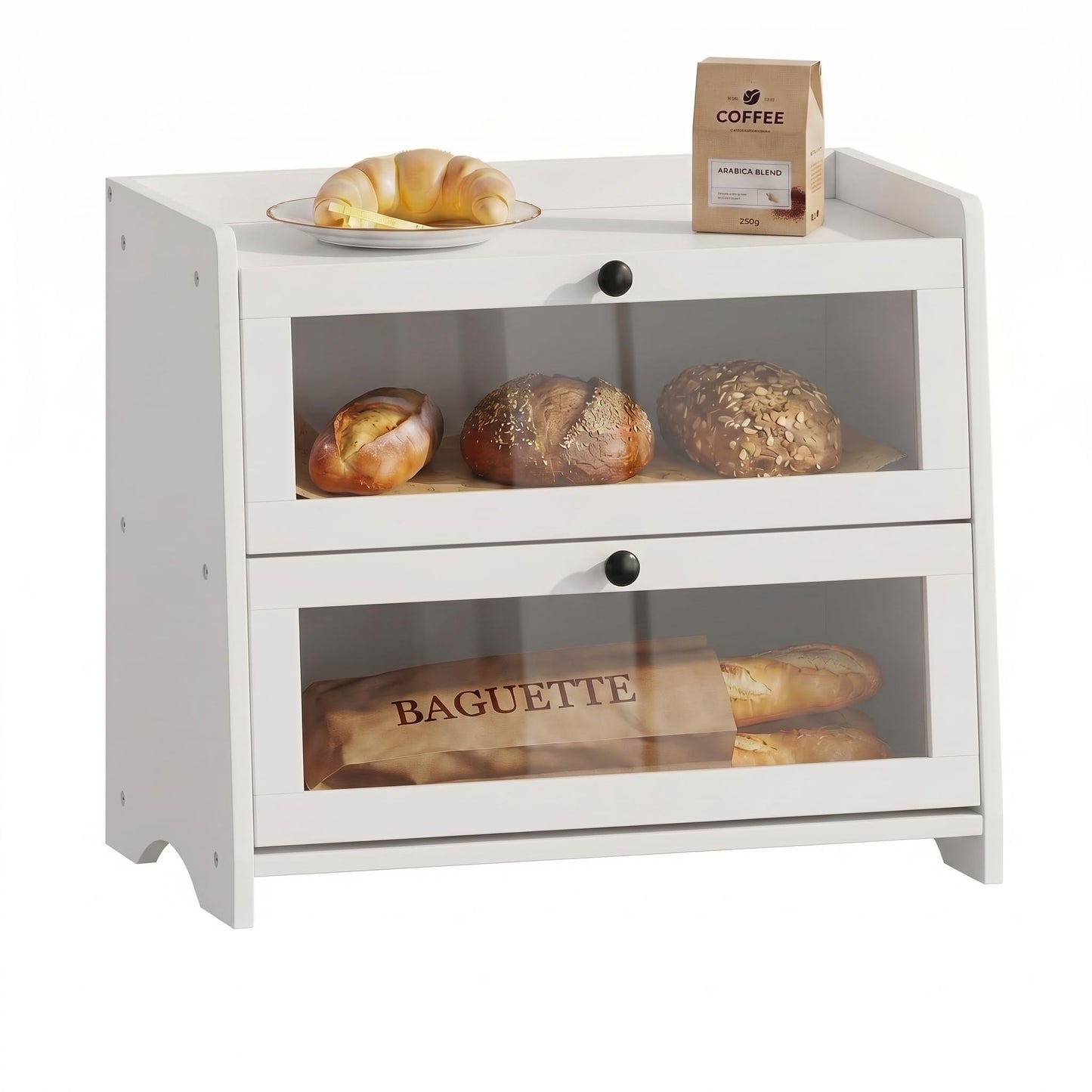 Plusinthebox White Bread Box for Kitchen Countertop, 2 Tier Large Capacity Wooden Bread Storage Container, Modern Minimalist Bread Keeper for Kitchen, Pantry and Coffee Bar Organizer