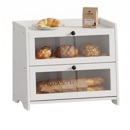 Plusinthebox White Bread Box for Kitchen Countertop, 2 Tier Large Capacity Wooden Bread Storage Container, Modern Minimalist Bread Keeper for Kitchen, Pantry and Coffee Bar Organizer