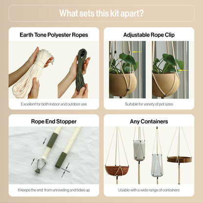 LET BE Macrame Kits for Beginners, 3 Set of Plant Hangers DIY Kit: Braided Polyester Ropes 50yds*5mm Ivory, 20yds*2mm Forest Green, 60+Pcs Supplies with Step-by-Step Easy Instructions (IVGR)