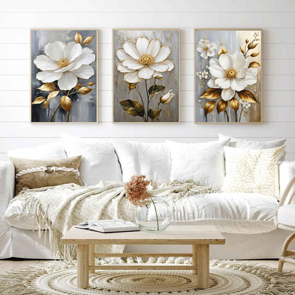 3Pcs White Flower Gold Leaf Canvas Wall Art Modern Plants Flowers Painting Decor Pictures Neutral Floral Bloom Posters Prints for Office Living Room Bathroom Bedroom Decoration No Frames